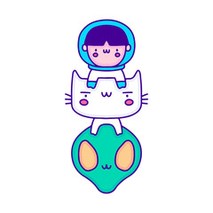 Cute baby astronaut with cat and alien doodle art, illustration for t-shirt, sticker, or apparel merchandise. With modern pop and kawaii style.
