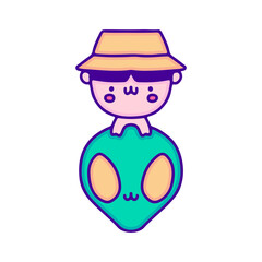 Lovely baby in bucket hat with alien doodle art, illustration for t-shirt, sticker, or apparel merchandise. With modern pop and kawaii style.