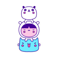 Cute baby in animal costume with little panda and cat doodle art, illustration for t-shirt, sticker, or apparel merchandise. With modern pop and kawaii style.