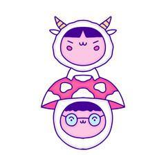 Cute baby in sheep and mushroom costume doodle art, illustration for t-shirt, sticker, or apparel merchandise. With modern pop and kawaii style.