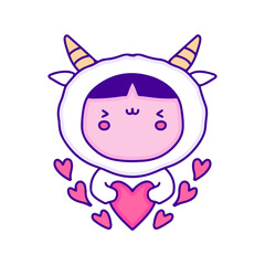 Cute baby in sheep costume with love symbol doodle art, illustration for t-shirt, sticker, or apparel merchandise. With modern pop and kawaii style.