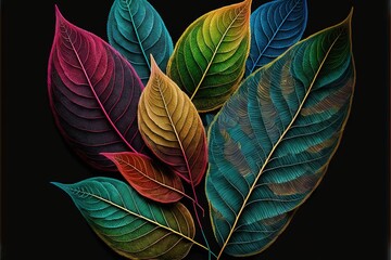 a painting of a group of leaves on a black background with a black background and a black frame with a black border. Generative AI