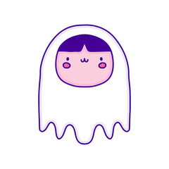 Cute kid with ghost costume doodle art, illustration for t-shirt, sticker, or apparel merchandise. With modern pop style.