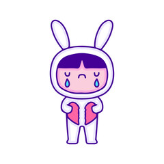 Sad kid in bunny costume holding broken heart, illustration for t-shirt, sticker, or apparel merchandise. With modern pop and kawaii style.