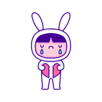 Sad kid in bunny costume holding broken heart, illustration for t-shirt, sticker, or apparel merchandise. With modern pop and kawaii style.