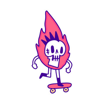 Cool punk skull on fire skateboarding doodle art, illustration for t-shirt, sticker, or apparel merchandise. With modern pop style.