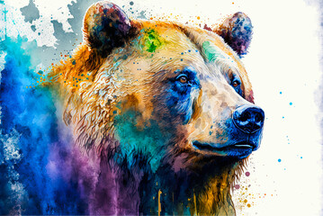 Grizzly bear watercolor painting. Generative AI - obrazy, fototapety, plakaty