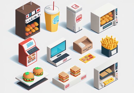 artwork features an isometric icon set featuring interfaces for a variety of information boards, cash registers, and food kiosks Generative AI