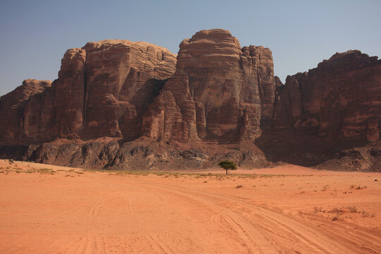 Huge rock formation in desert in Wadi Rum, Jordan