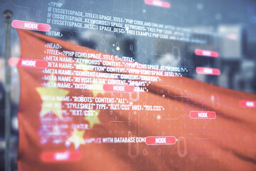 Abstract virtual coding concept on flag of China and blurry cityscape background. Multiexposure