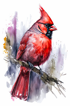 Cardinal on a branch, watercolor painting. Generative AI