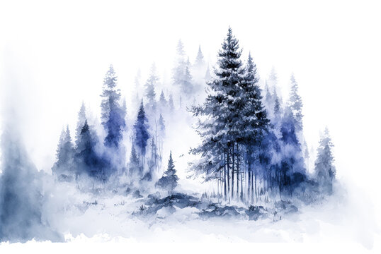 Winter forest trees watercolor painting. Generative AI