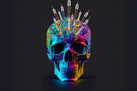 Drug Overdose And Death Scam With A Group Of Multicolored Syringes Impaled In A Metallic Skull On A Dark Backdrop. Generative AI
