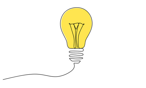One line Line Light Bulb Icon. Hand Drawing Continuous of Yellow Lamp, Business Idea. Linear Sketch bulb isolated. vector illustration