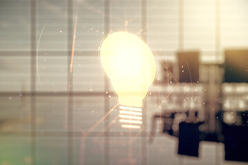 Virtual Idea concept with light bulb illustration on a modern conference room background. Multiexposure