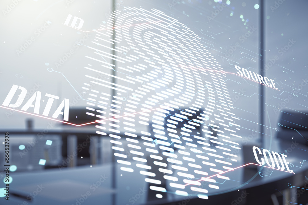Aufkleber multi exposure of virtual fingerprint scan interface on a modern furnished office interior backgroun