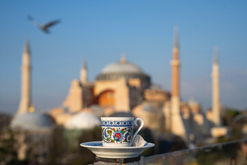 Photograph of Turkish Coffee and Turkish Delight with Hagia Sophia in the Background, Sultanahmet Square Fatih, Istanbul Turkey