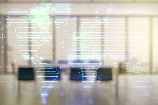 Double exposure of abstract digital world map hologram on a modern boardroom background, big data and blockchain concept