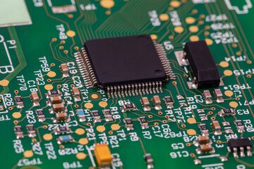 Closeup of integrated circuit board. Semiconductor shortage, supply, sanctions and production concept