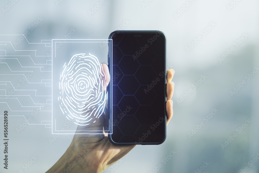 Aufkleber Multi exposure of abstract creative fingerprint illustration and hand with phone on background, digital access concept