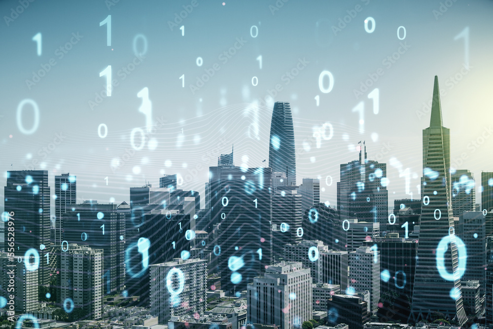 Leinwandbilder Abstract virtual binary code illustration on San Francisco skyline background. Big data and coding concept. Multiexposure