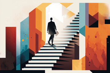 A business mentor can assist you advance your profession and hold an image of stairs. Business concept with a flat design that emphasizes self development, upskilling, and ascent assistance - obrazy, fototapety, plakaty