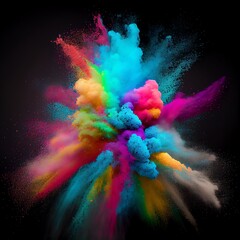 An explosion of colored paint powder on black background. Multi-color powder explosion. Freeze motion. Generative AI