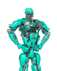 master robot is doing a super pose in white background