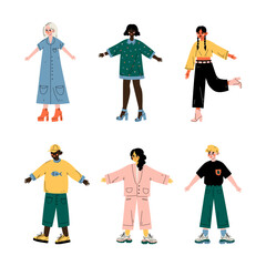 Fototapeta premium Diverse Teenagers Standing and Wearing Trendy Clothing Vector Set