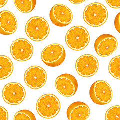 Citrus fruit seamless pattern. Colorful vivid print with juicy orange slices. Repeated luxury design for packaging, cosmetic, menu, cafe, textile. Realistic detailed illustration.