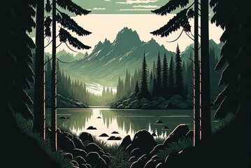 Tree lined hills and a tranquil pond in the woods, surrounded by rugged mountains. gorgeous scenery, outdoor adventure, green, and silhouette, illustration. Generative AI
