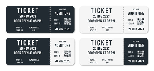 Ticket template with QR code. Admit ticket with date, row and seat for entrance to different events. Tickets mockup for cinema, concert or sports events with QR code for scan. Vector.
