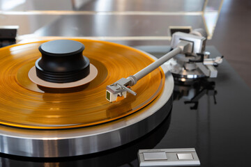 Vintage Stereo Turntable Vinyl Record Tonearm Cartridge Closeup. - 556529583