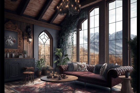 Baroque living room interior in gothic style scandinavian mansion with huge veils, pictures on the wall and sofa