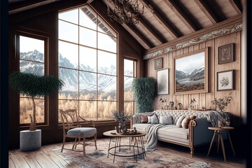 Plakat Scandinavian palace mountain living room interior with victorian and baroque furnitures