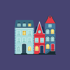 Houses in the night. European houses facade  vector illustration, flat design cartoon style retro exterior