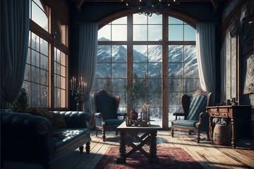 Fototapeta na wymiar Scandinavian palace mountain living room interior with victorian and baroque furnitures