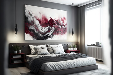 The master bedroom is spacious and light, and the bed is a large gray one. Burgundy, black, grey, and white are in contrast. headboard accent wall made of art. elegant interior design. Generative AI
