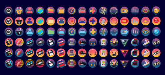 retrowave style system icons set, vector illustration