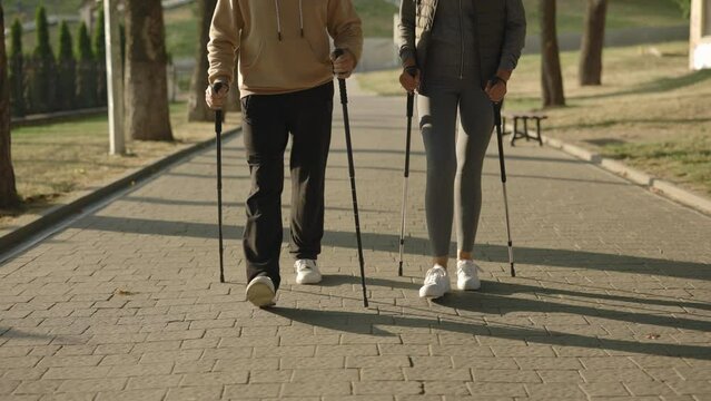 Close up view of telderly old people training nordic walking in the park. Mature family hands holding the trekking poles. Aging youthfully.