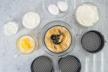 Crushed crackers, melted butter, cream cheese, eggs, and some other ingredients for the cheesecake recipe close-up