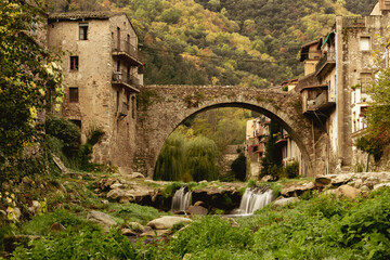 Spectacular view of the beautiful stone bridge of Osor, Girona, Spain