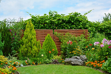 piękny ogród, zielony trawnik w ogrodzie otoczony krzewami ozodbnymi i kolorowymi kwiatami, kompozycja rabatowa, iglaki w ogrodzie	