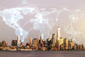 Abstract graphic digital world map hologram with connections on New York cityscape background,...