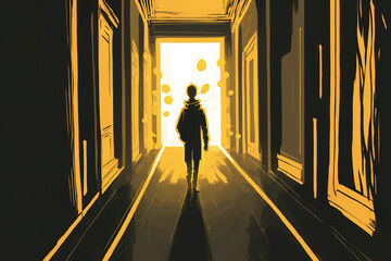 Illustration of a guy holding a flashlight at the end of a corridor. Generative AI