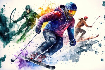 Plakat artwork depicting a variety of winter sports. Generative AI