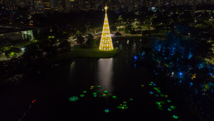 
Christmas tree in Ibirapuera Park, with a presentation on the water, and many people watching