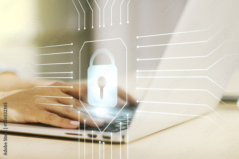 Poster creative lock illustration with microcircuit and hands typing on computer keyboard on background, cy