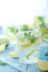 Glasses with lemon and lime lemonade	