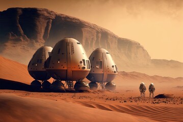 Fototapeta na wymiar Spaceships set down on Mars as part of an exploration mission. Generative AI